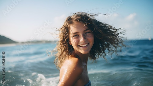 a happy teenage girl playing with the waves in the blue sea. generative AI