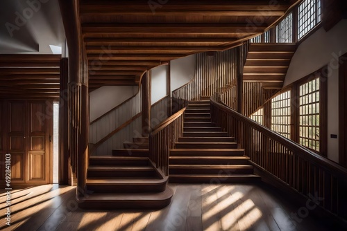 interior of coridor with wooden staircase at light villa.