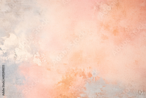 An abstract watercolor texture with warm undertones, featuring a light backdrop suitable for creative projects. It combines shades of orange, pink, and beige with subtle hints of blue photo