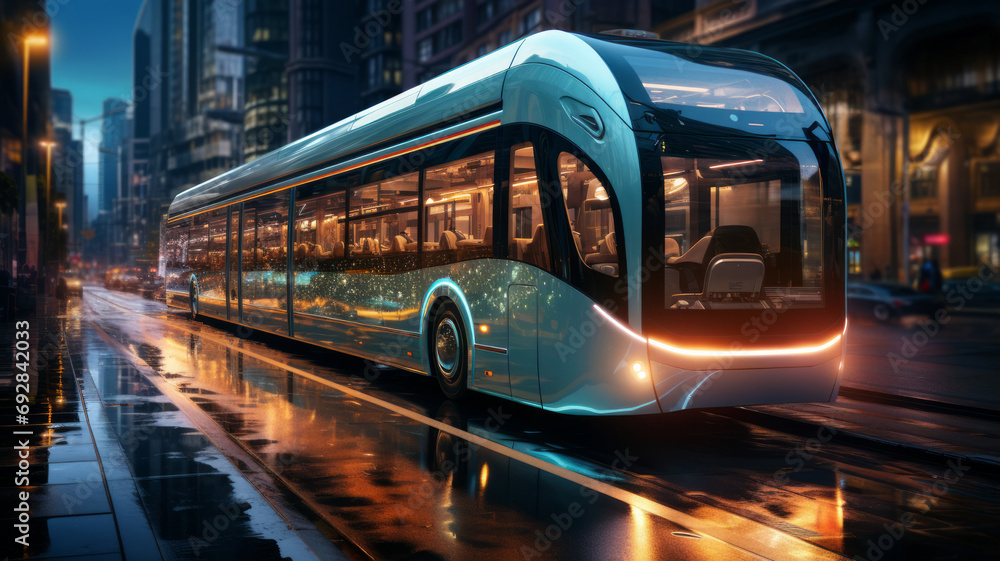 Ultra modern bus in night city street with illuminated buildings and public transportation