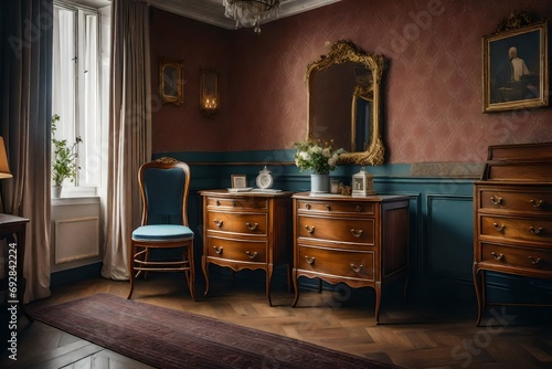 small vintage commode with chairs in mansard bedroom