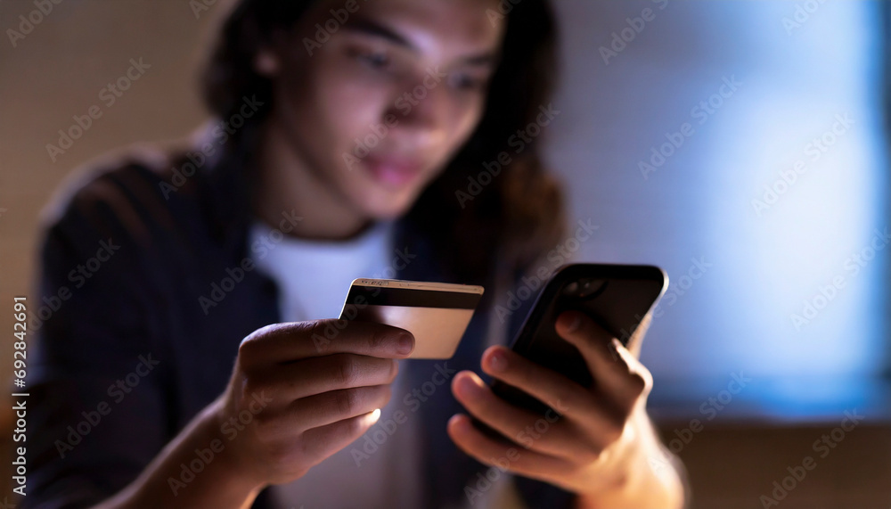 Woman use of mobile smart phone in dark room with credit card at night time.