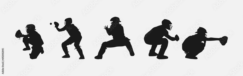 set of silhouettes of baseball player catching the ball with different pose, gesture. catcher. isolated on white background. vector illustration. - obrazy, fototapety, plakaty 