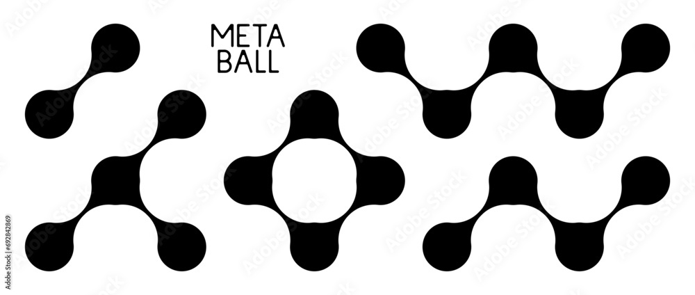 Black meta balls set. Diagonal connected morph dots. Liquid blobs pattern collection. Thin integration abstract concept. Morphing design element bundle for logo, icon, tag, emblem, poster. Vector pack