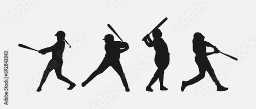 set of silhouettes of baseball player swinging the bat with different pose, gesture. batter. isolated on white background. vector illustration.