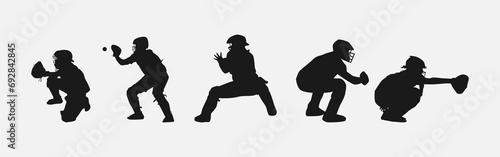 set of silhouettes of baseball player catching the ball with different pose, gesture. catcher. isolated on white background. vector illustration. photo