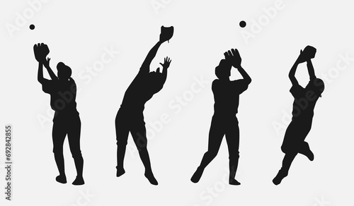 set of silhouettes of baseball players jumping and catching the ball with different poses, gestures. fielder. isolated on white background. vector illustration.
