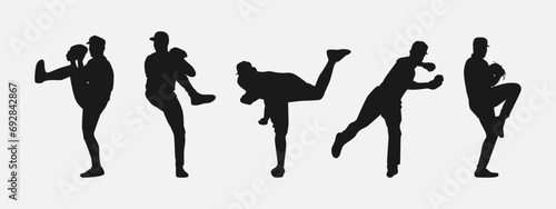 set of silhouettes of baseball player throwing ball. front look. isolated on white background. vector illustration.