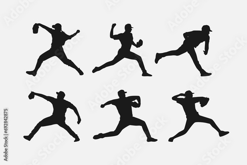 set of silhouettes of baseball player throwing the ball. side view. pitcher. isolated on white background. vector illustration.