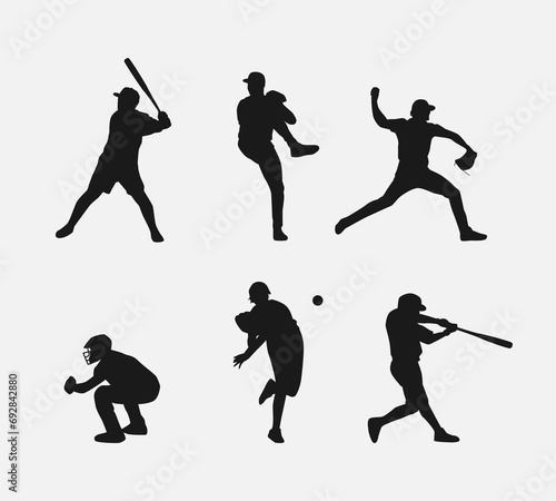 Set of silhouettes of baseball player  male athlete. Different action  pose  gesture. Isolated on white background. Vector illustration.