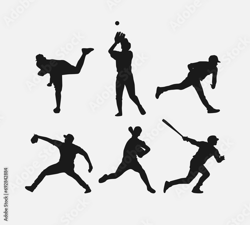 Set of silhouettes of baseball player, male athlete. Different action, pose, gesture. Isolated on white background. Vector illustration.