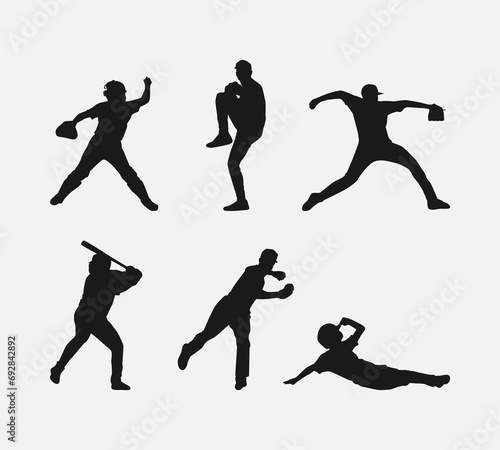 Set of silhouettes of baseball player, male athlete. Different action, pose, gesture. Isolated on white background. Vector illustration.