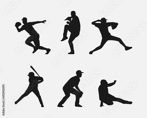 Set of silhouettes of baseball player, male athlete. Different action, pose, gesture. Isolated on white background. Vector illustration.