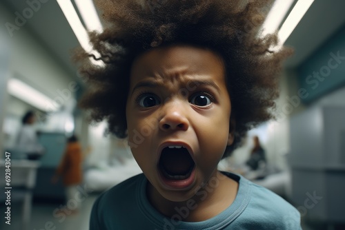 Angry black baby in a hospital room. Generative AI.