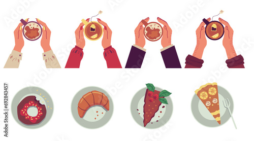 Coffee and tea break time poster set - hands holding drink and dessert