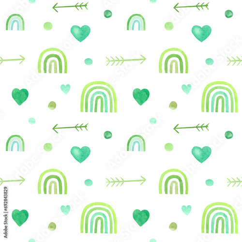 Stylish watercolor seamless pattern with green rainbows in a childish style. Hand-drawn elements for textiles, fabric, wallpaper, stationery, posters, prints, invitations, cards, baby shower.