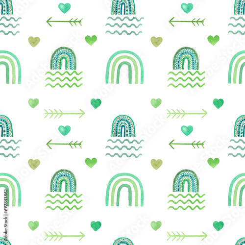 Stylish watercolor seamless pattern with green rainbows in a childish style. Hand-drawn elements for textiles, fabric, wallpaper, stationery, posters, prints, invitations, cards, baby shower.