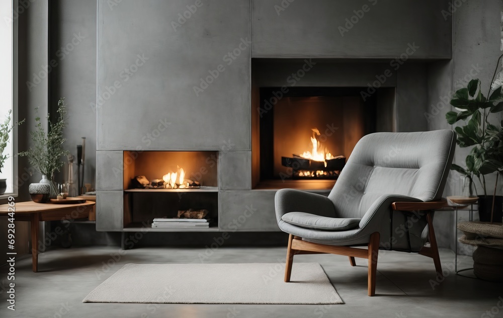 Grey chair sits by the fireplace against a concrete wall with shelves, following a Scandinavian home interior style Grey chair sits by the fireplace against a concrete wall with shelves, following a Scandinavian home interior style