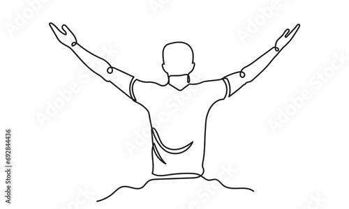 continuous line drawing of a healthy young man outdoors with open arms. happy relaxing male spread arms. concept of freedom, cheering and breathing deeply vector illustration.
