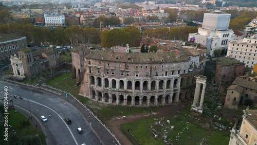 Teatro di Marcello and Temple of Apollo Palatinus Ruins - Circling Drone Shot. Rome, Italy photo