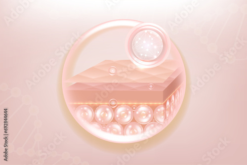 Hyaluronic acid hair and skin solutions ad. pink collagen serum drop into skin cells with cosmetic advertising background ready to use, illustration vector.	