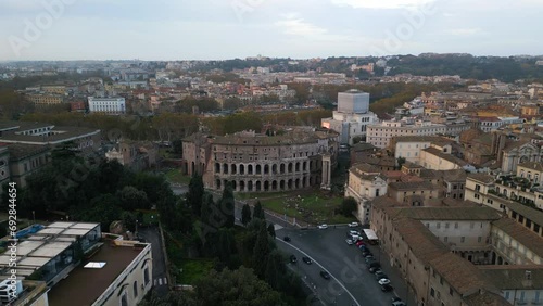 Theatre of Marcellus, Ruins of Temple of Apollo Palatinus - Forward Drone Shot. Rome, Italy photo