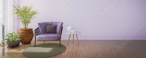 3d rendering of a living room interior with a seating area at the end of the room
