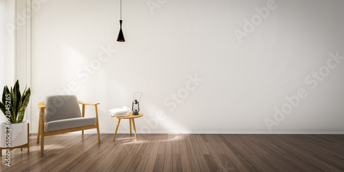 3d rendering of a living room interior with a seating area at the end of the room