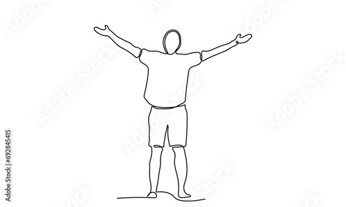 continuous line drawing of a healthy young man outdoors with open arms. happy relaxing male spread arms. concept of freedom, cheering and breathing deeply vector illustration.
