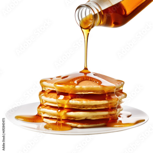 pancakes with pouring maple syrup in breakfast meal concept isolated on transparent background,transparency 