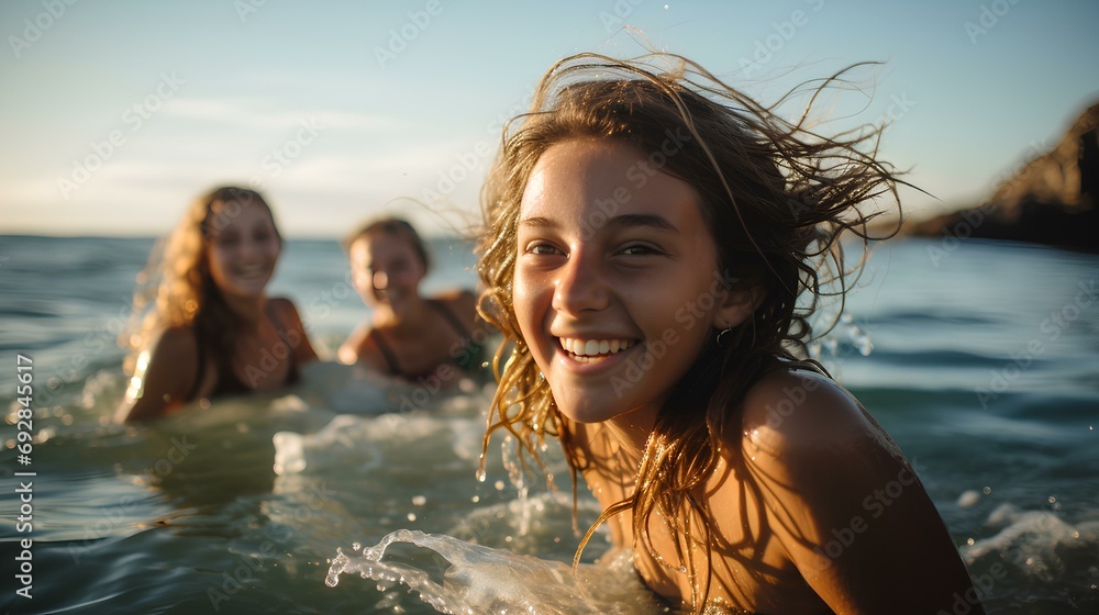 a happy teenage girl and friends playing with the waves in the blue sea. generative AI a happy teenage girl and friends playing with the waves in the blue sea. generative AI