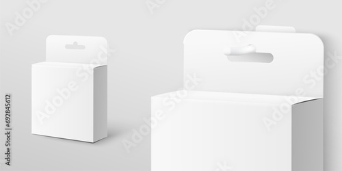 Template of white box with hang tab realistic vector illustration isolated.