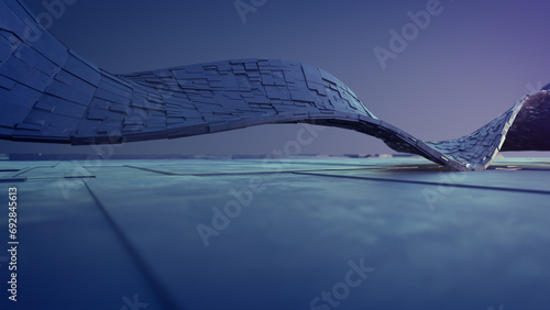 Empty concrete floor and steel texture curve element. 3d rendering of abstract blue structure.