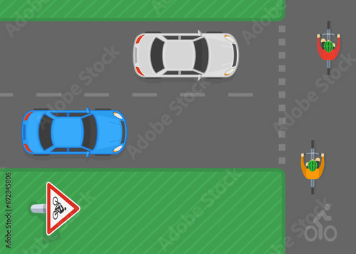 Safe driving tips and traffic regulation rules. "Cyclists ahead" warning sign area. Top view of a cyclists crossing road on a bike lane. Flat vector illustration template.