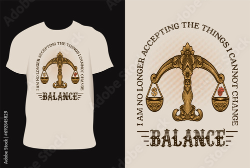Illustration hand drawn. Antique scales engraving style on T shirt mockup photo
