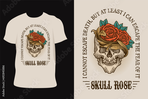 Illustration vintage skull with rose flower on T shirt mockup