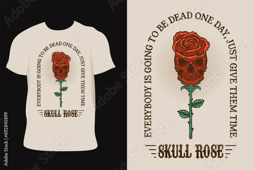 Illustration vintage skull rose flower on T shirt mockup