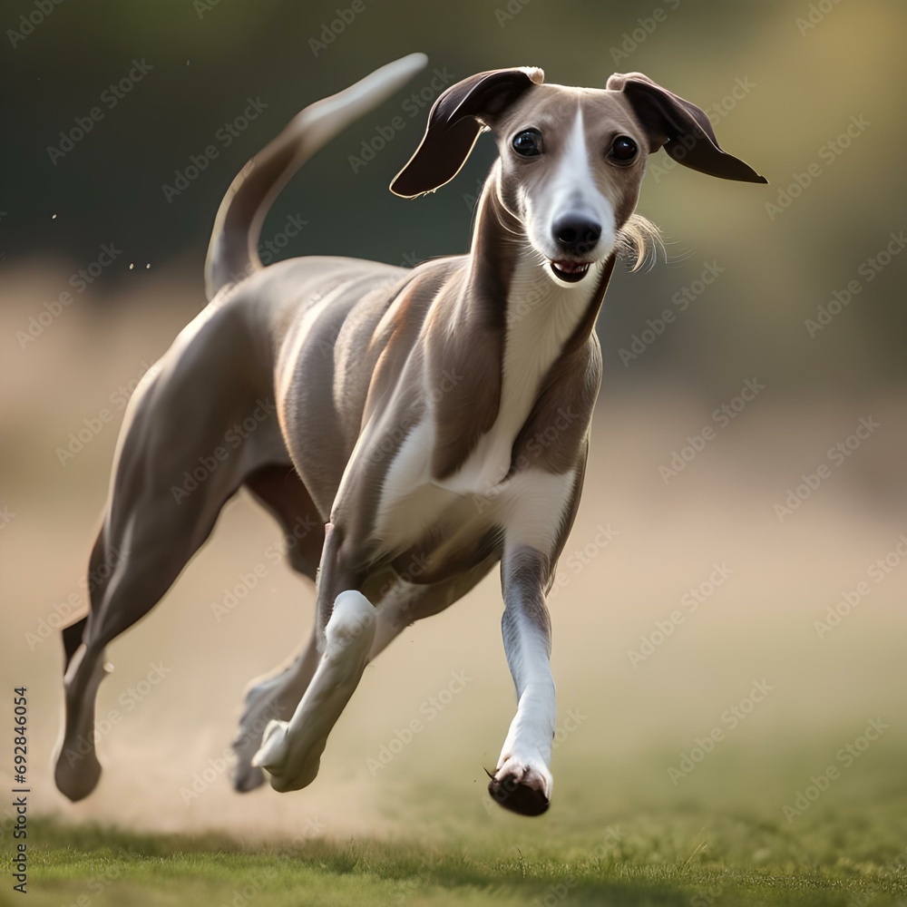 A portrait of a graceful whippet captured mid-run, displaying elegance2
