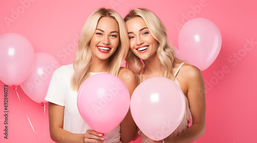 Happy female young couple with heart-shaped balloons on color background. Valentine's Day celebration