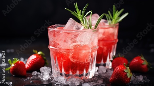 A refreshing drink made with natural ice, strawberries and rosemary in a frozen glass.