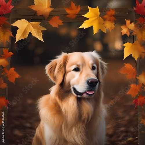 A portrait of a majestic golden retriever against a backdrop of autumn leaves2