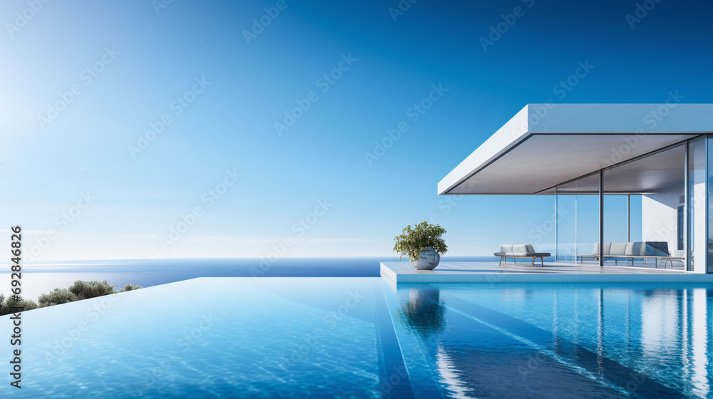 Fototapeta premium Luxurious minimalist villa with infinity pool overlooking the sea, clear blue sky, and a serene atmosphere. AI Generative