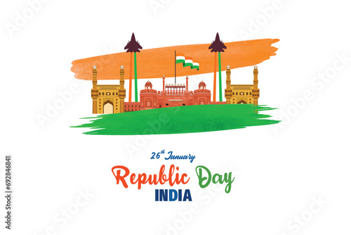 India republic day 26 january post or banner design with flag white background red fort monument vector illustration