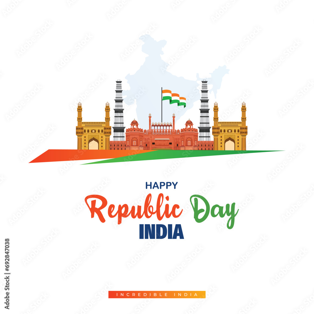 Indian republic day wishing post or banner design with flag white background red fort monument 26 January vector illustration