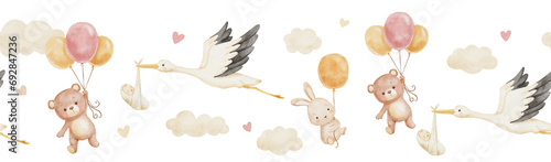Cute watercolor border for childish textiles or fabrics with flying stork holding newborn, bear and bunny on balloon in clouds on white background
