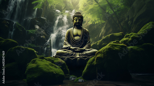  A buddha statue sitting on a rock in a forest photo