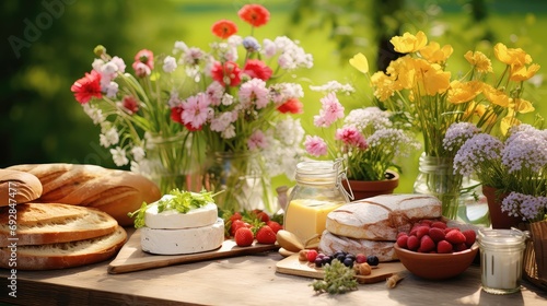 outdoors spring picnic food illustration lunch snacks, sandwiches fruits, cheese bread outdoors spring picnic food