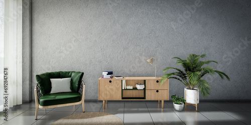 Fototapeta Naklejka Na Ścianę i Meble -  3d illustration rendering of living room interior with cabinet and blank wall suitable for mockup design background