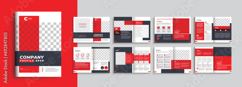 Business brochure template with yellow, red modern shape. Company profile 16 pages a4 brochure template layout design photo