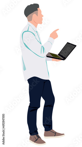Businessman is working on his laptop in isolated white background. Realistic vector illustration. 